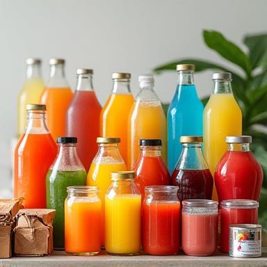 A colorful array of beverages including juices, soft drinks, coffee, and tea
