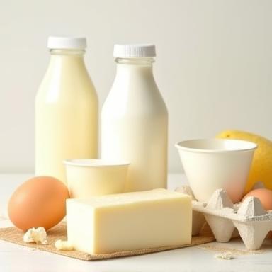 A collection of dairy products like milk, cheese, yogurt, and a carton of fresh eggs