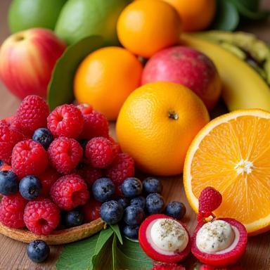 An enticing assortment of colorful fresh fruits like berries, oranges, and apples