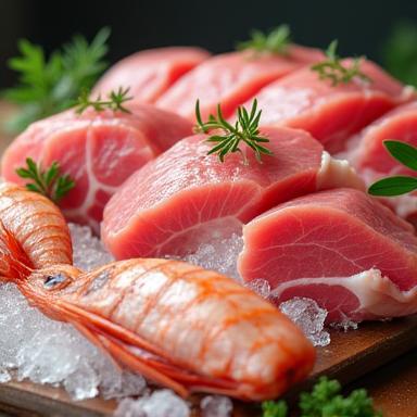 Fresh cuts of various meats and a selection of seafood on ice