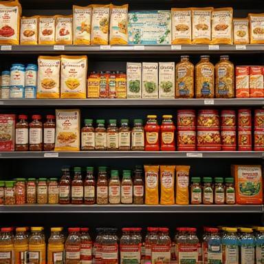 Shelves stocked with pantry items like rice, pasta, canned goods, and spices