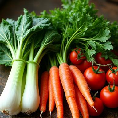 A vibrant variety of fresh garden vegetables including leafy greens, carrots, and tomatoes